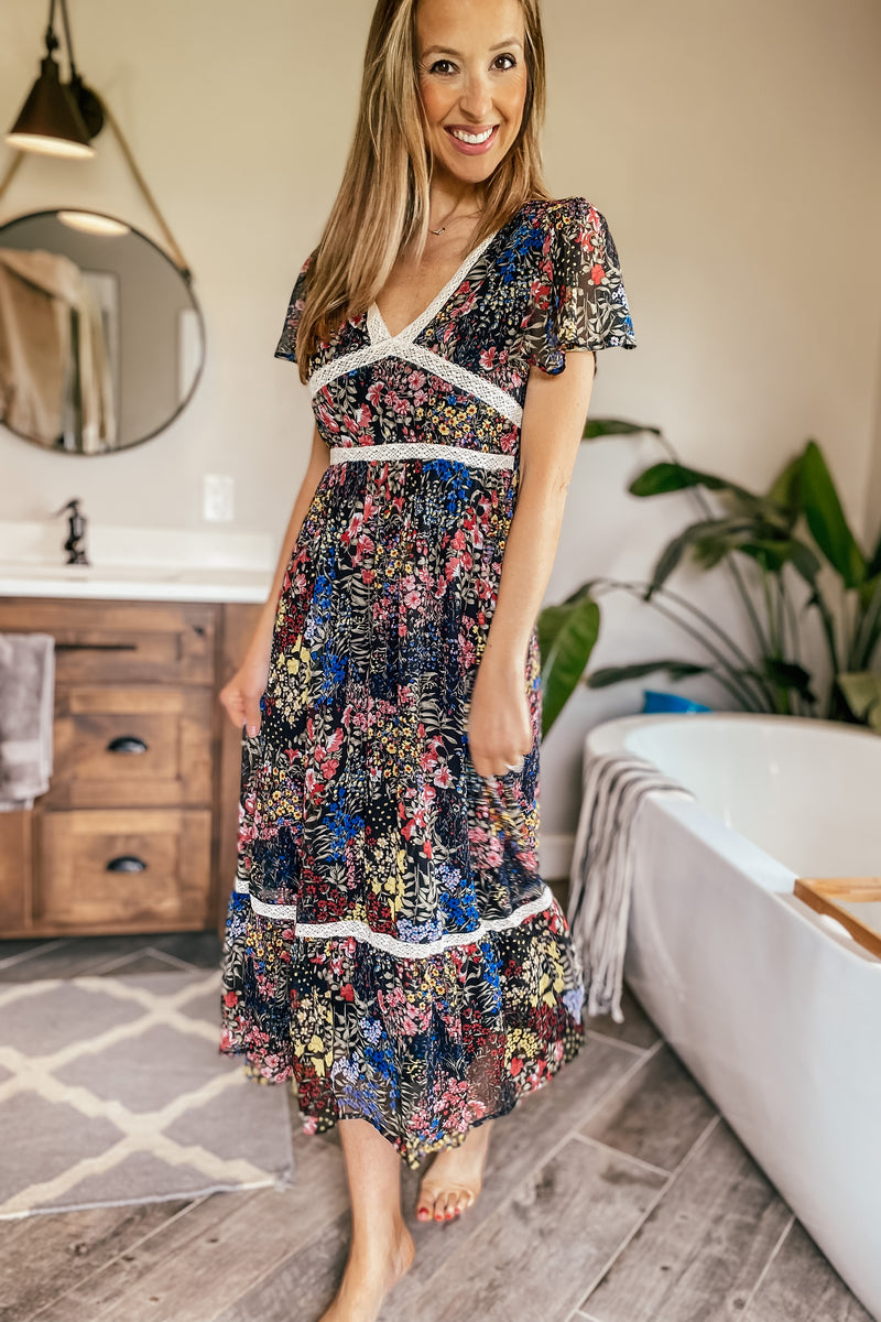 Black and Bright Floral Chiffon Midi Dress LURE Boutique Black and Bright Floral Chiffon Midi Dress LURE Boutique