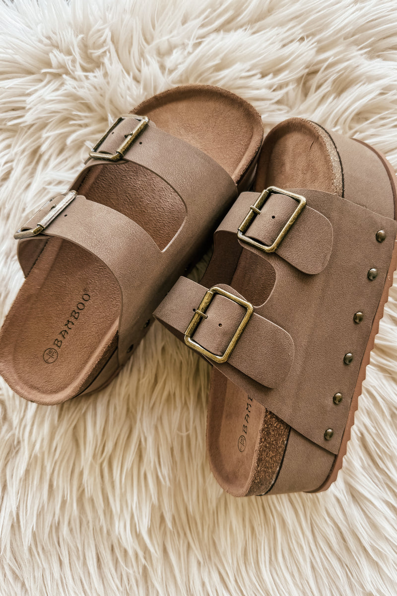 Stacked Double Strap Sandals in Taupe