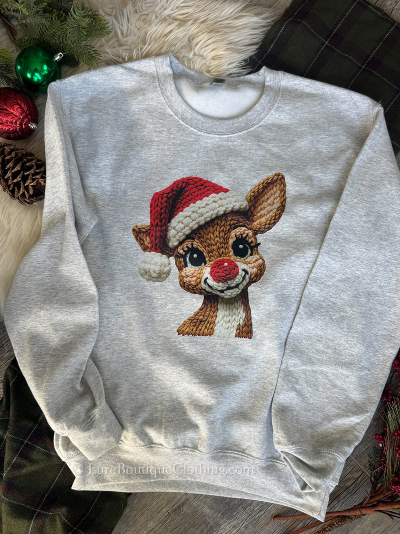 Faux Crochet Rudolph Sweatshirt, Christmas Sweatshirt