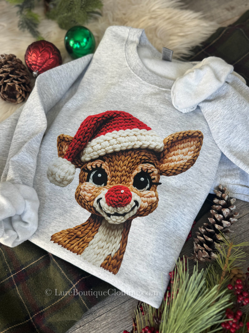 Faux Crochet Rudolph Sweatshirt, Christmas Sweatshirt