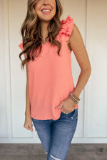 Textured Ruffled Sleeve Top in Coral