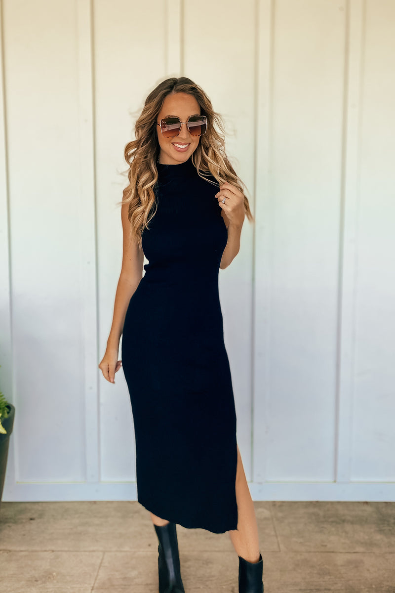 The Astrid Ribbed Sleeveless Sweater Dress in Black