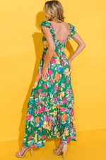 Summer Floral Print Ruffle Sleeveless Tiered Maxi Dress