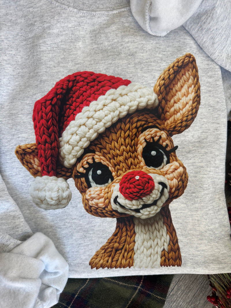 Faux Crochet Rudolph Sweatshirt, Christmas Sweatshirt