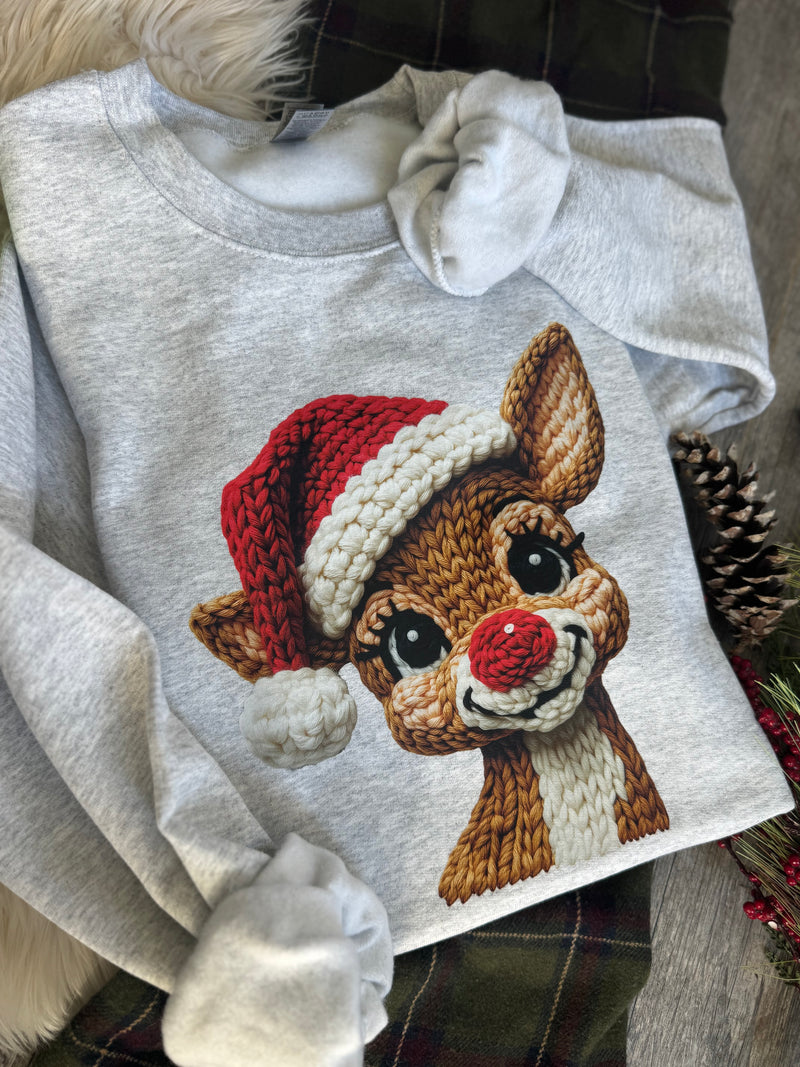 Faux Crochet Rudolph Sweatshirt, Christmas Sweatshirt