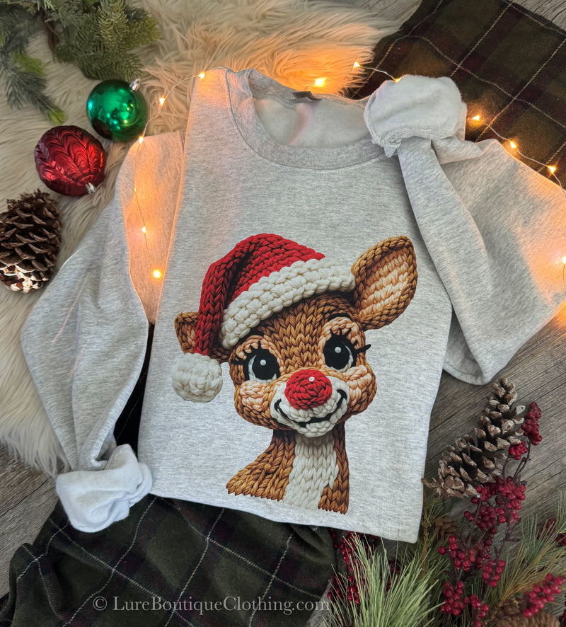 Faux Crochet Rudolph Sweatshirt, Christmas Sweatshirt