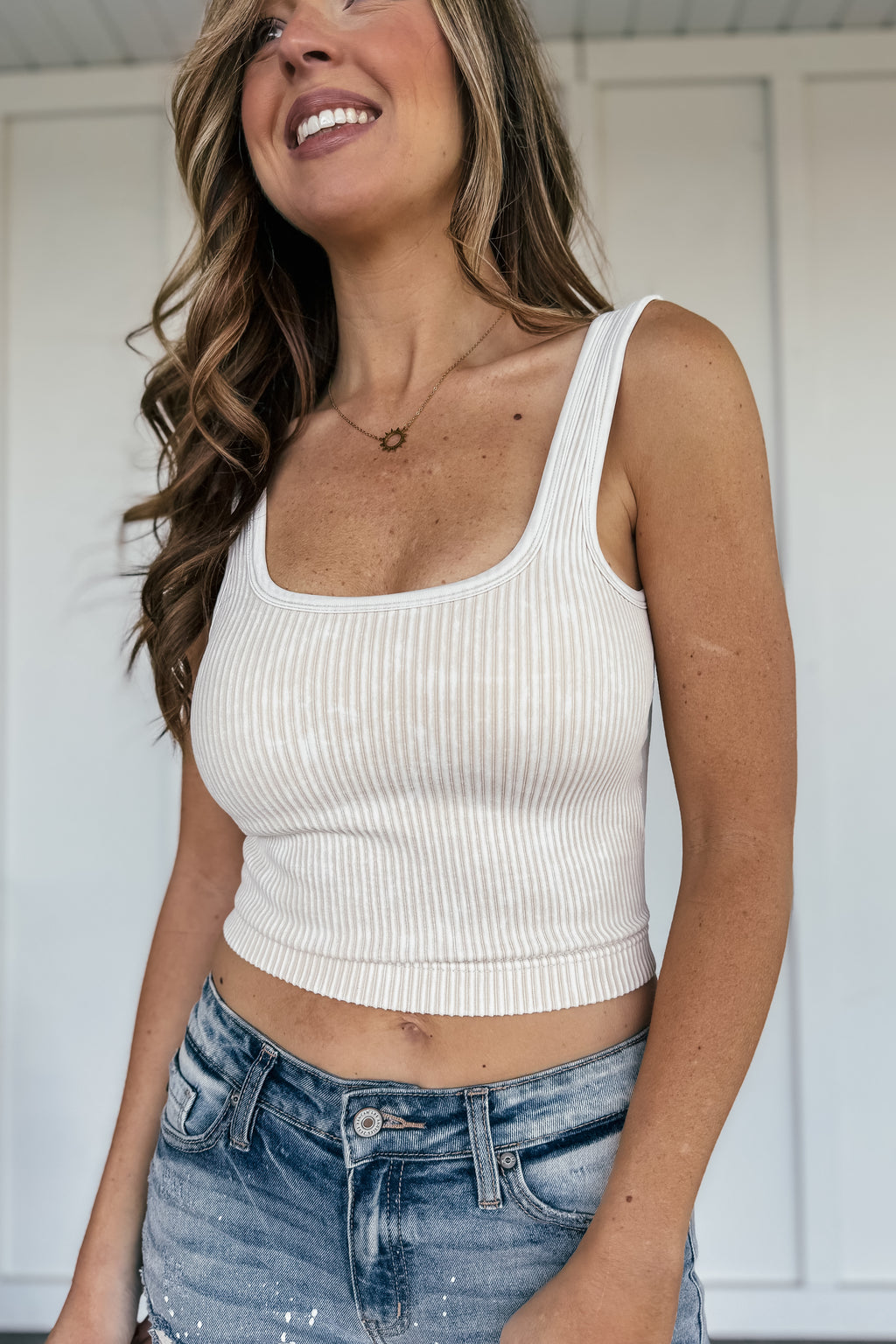 Square Neck Acid Washed Ribbed Tank w Bra (2 Colors)