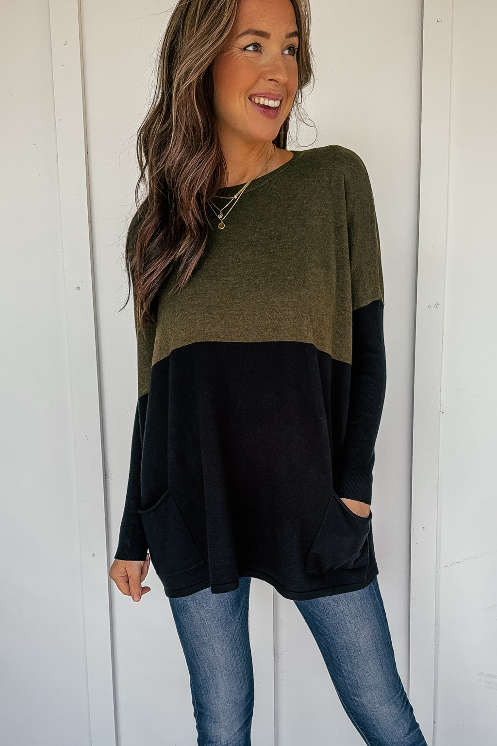 Olive and Black Oversized Pocketed Sweater