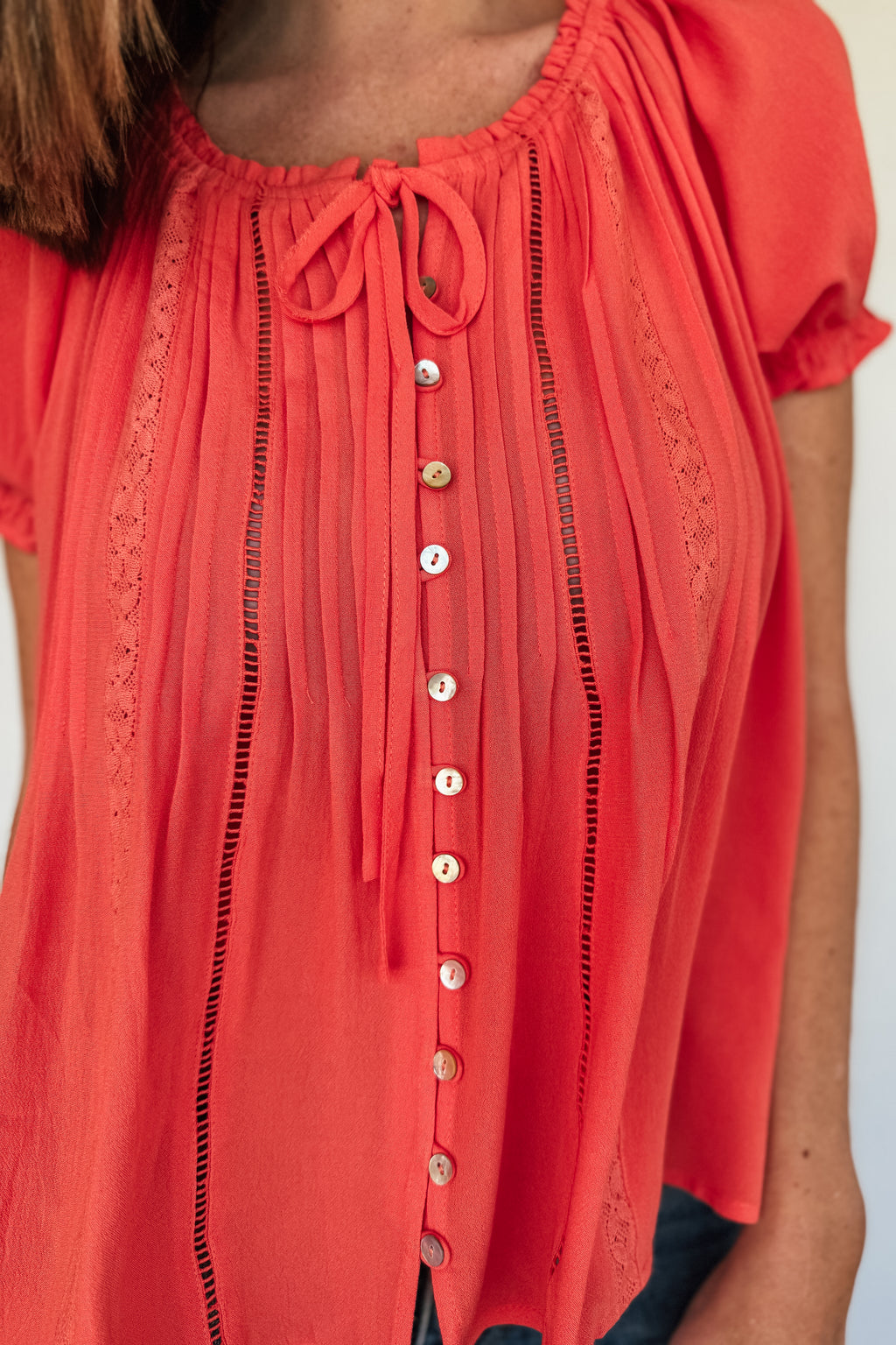 Papaya Lace Inset Trim Button Top