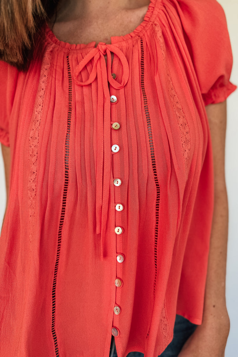 Papaya Lace Inset Trim Button Top