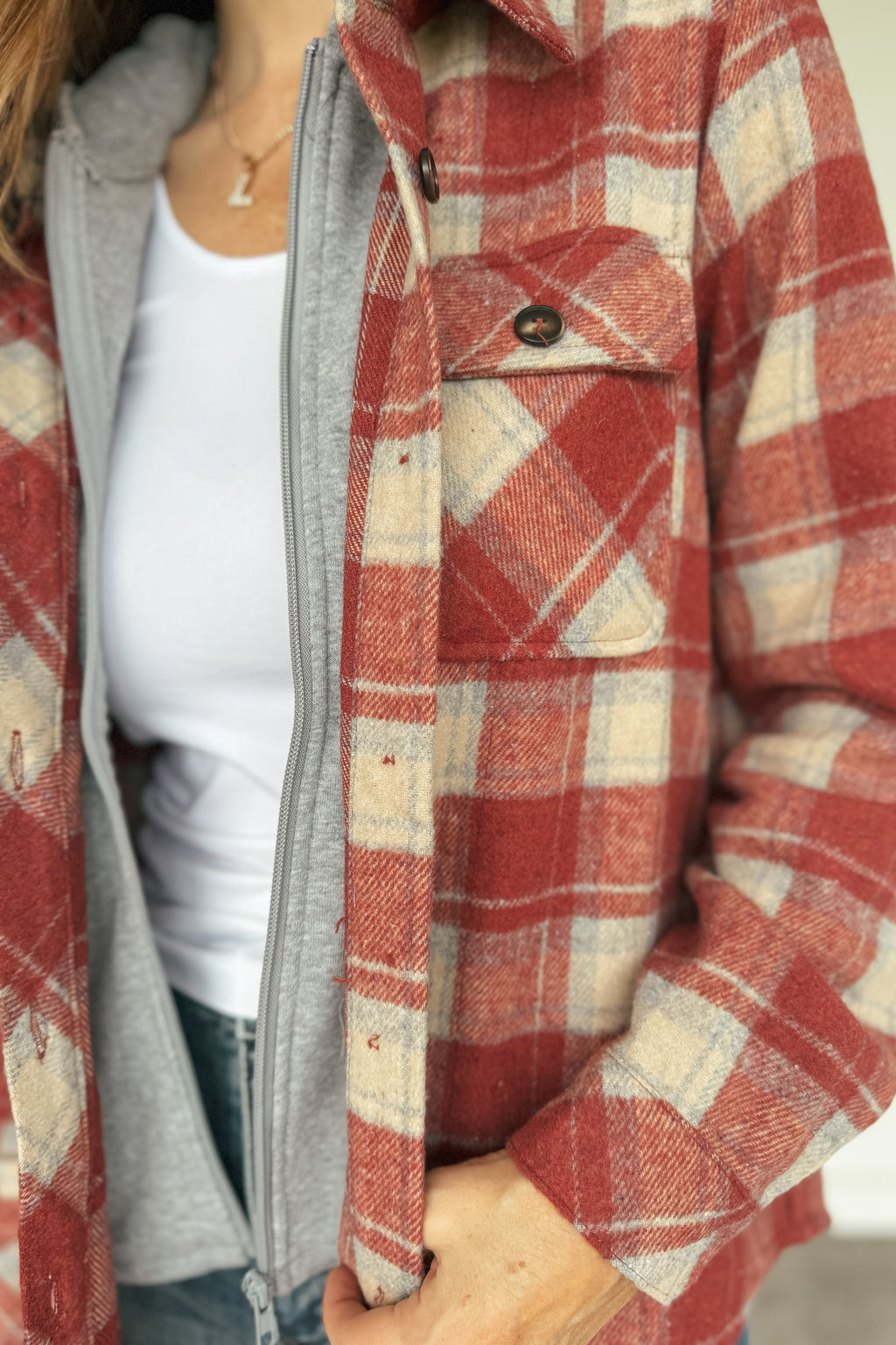 Twofer Button Down Red Plaid Shacket