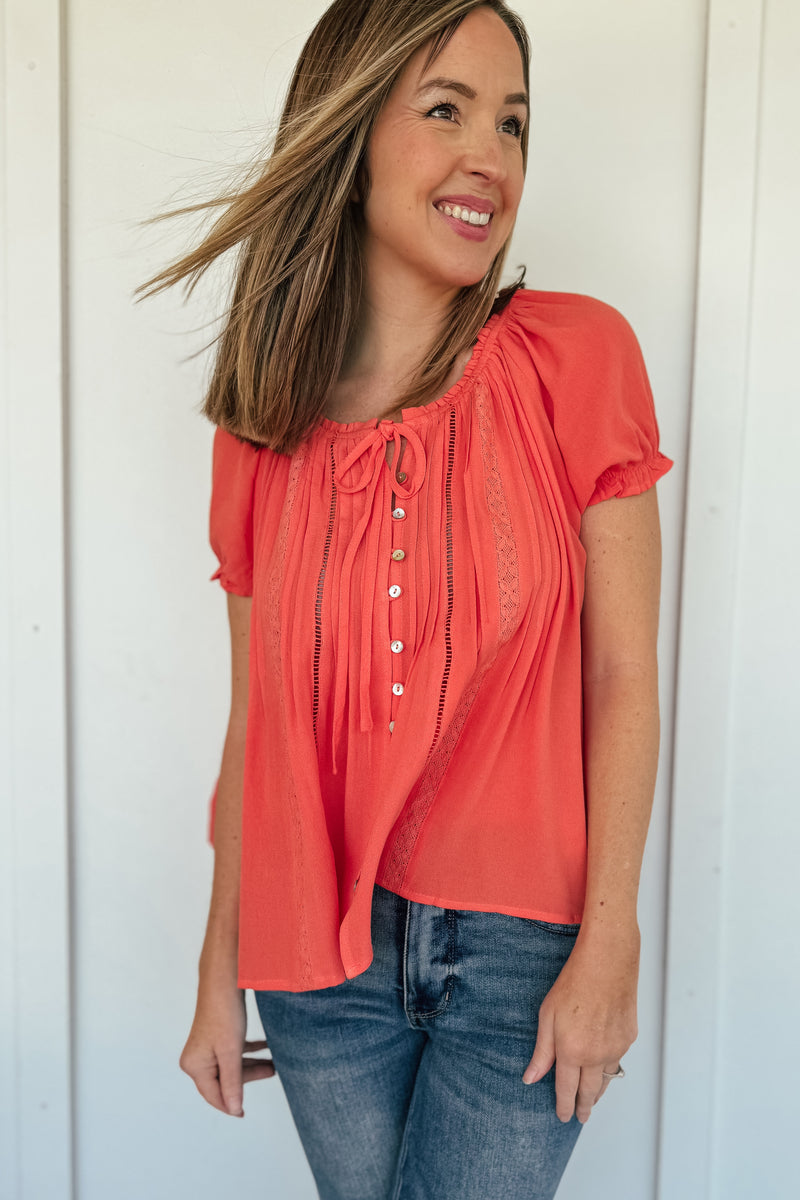 Papaya Lace Inset Trim Button Top