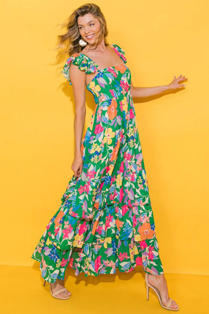 Summer Floral Print Ruffle Sleeveless Tiered Maxi Dress Small Summer Floral Print Ruffle Sleeveless Tiered Maxi Dress Small