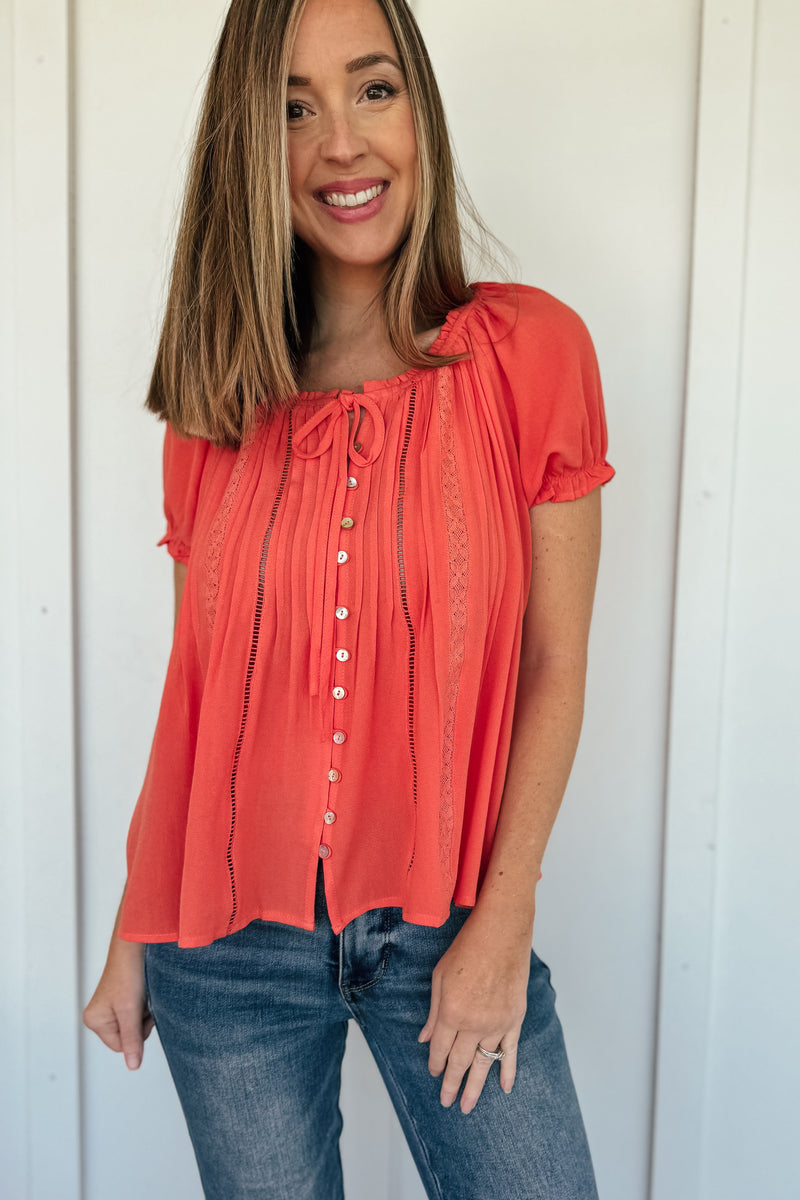 Papaya Lace Inset Trim Button Top