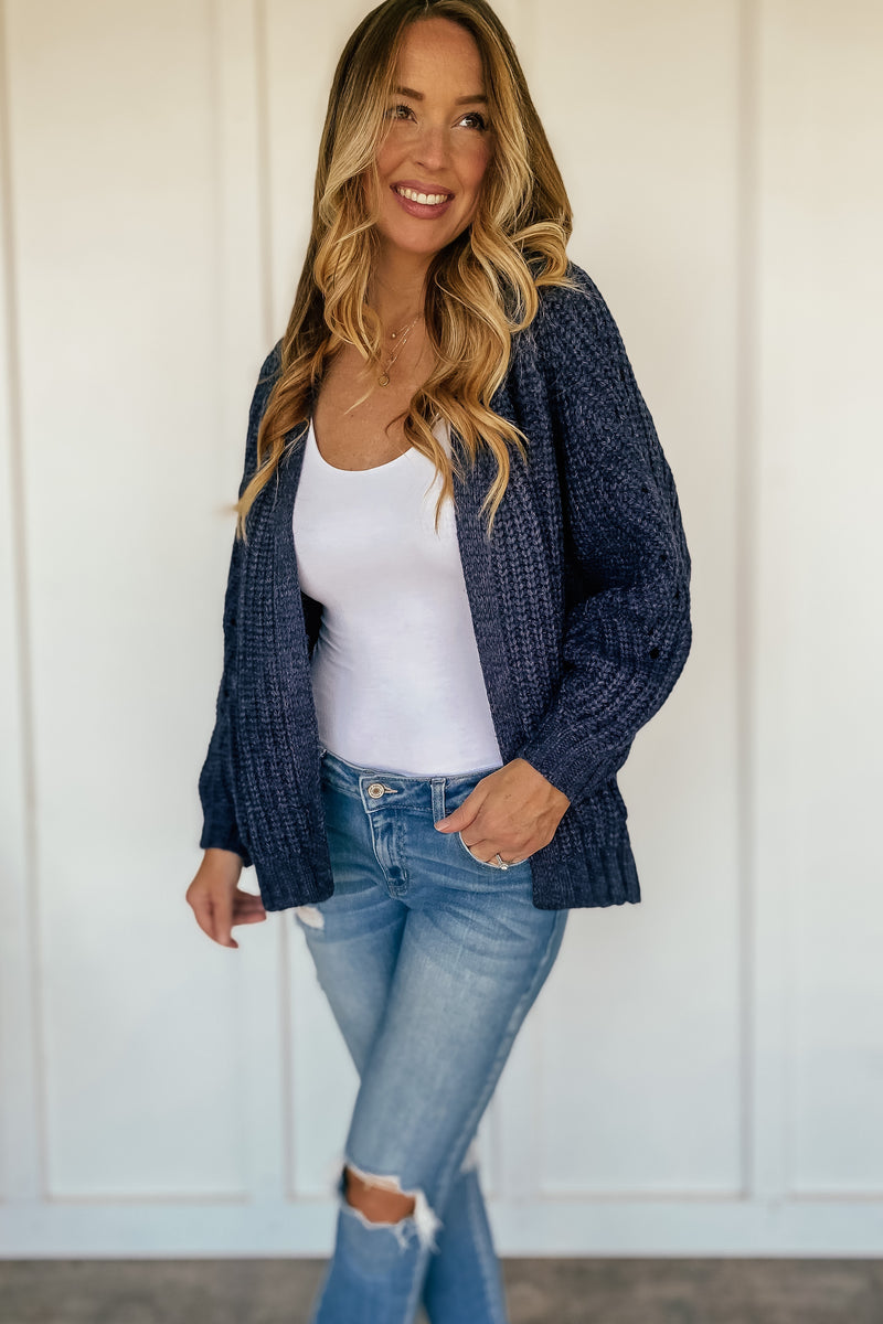 Chunky Pointelle Open Cardigan in Navy