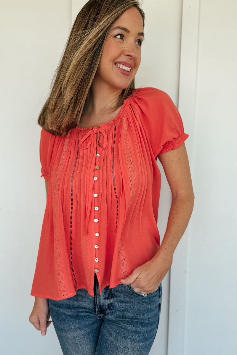Papaya Lace Inset Trim Button Top