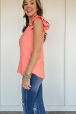 Textured Ruffled Sleeve Top in Coral