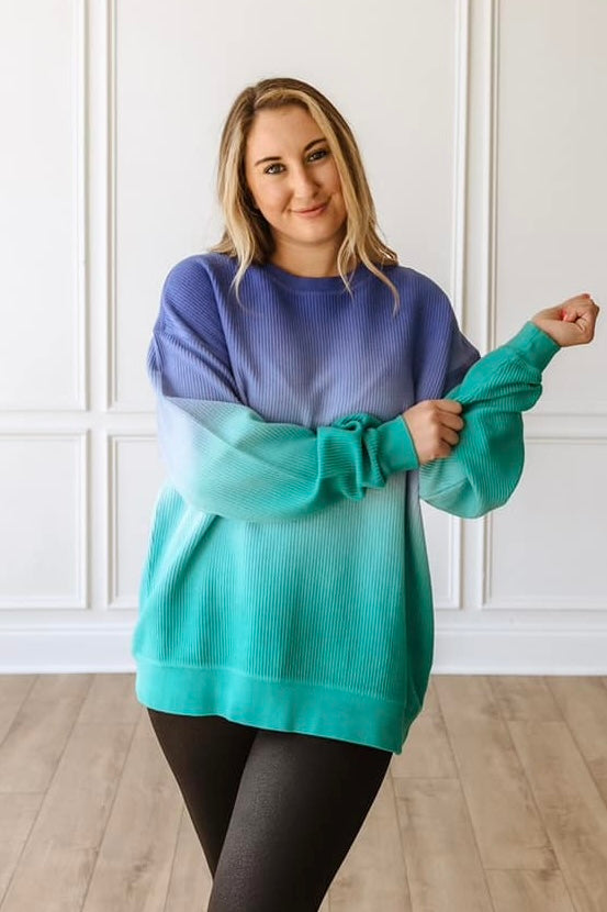 Deep Blue to Green Ombre Corded Sweatshirt