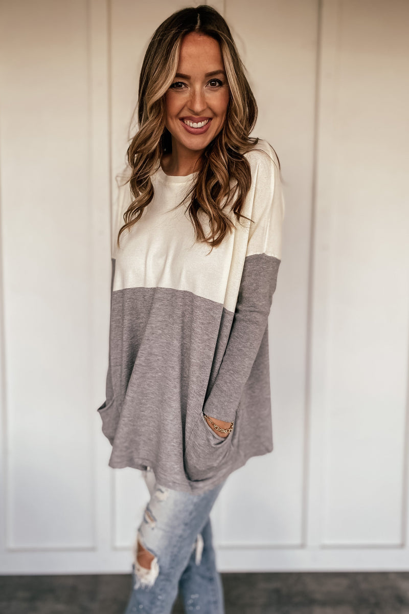 Cream and Heather Gray Oversized Pocketed Sweater