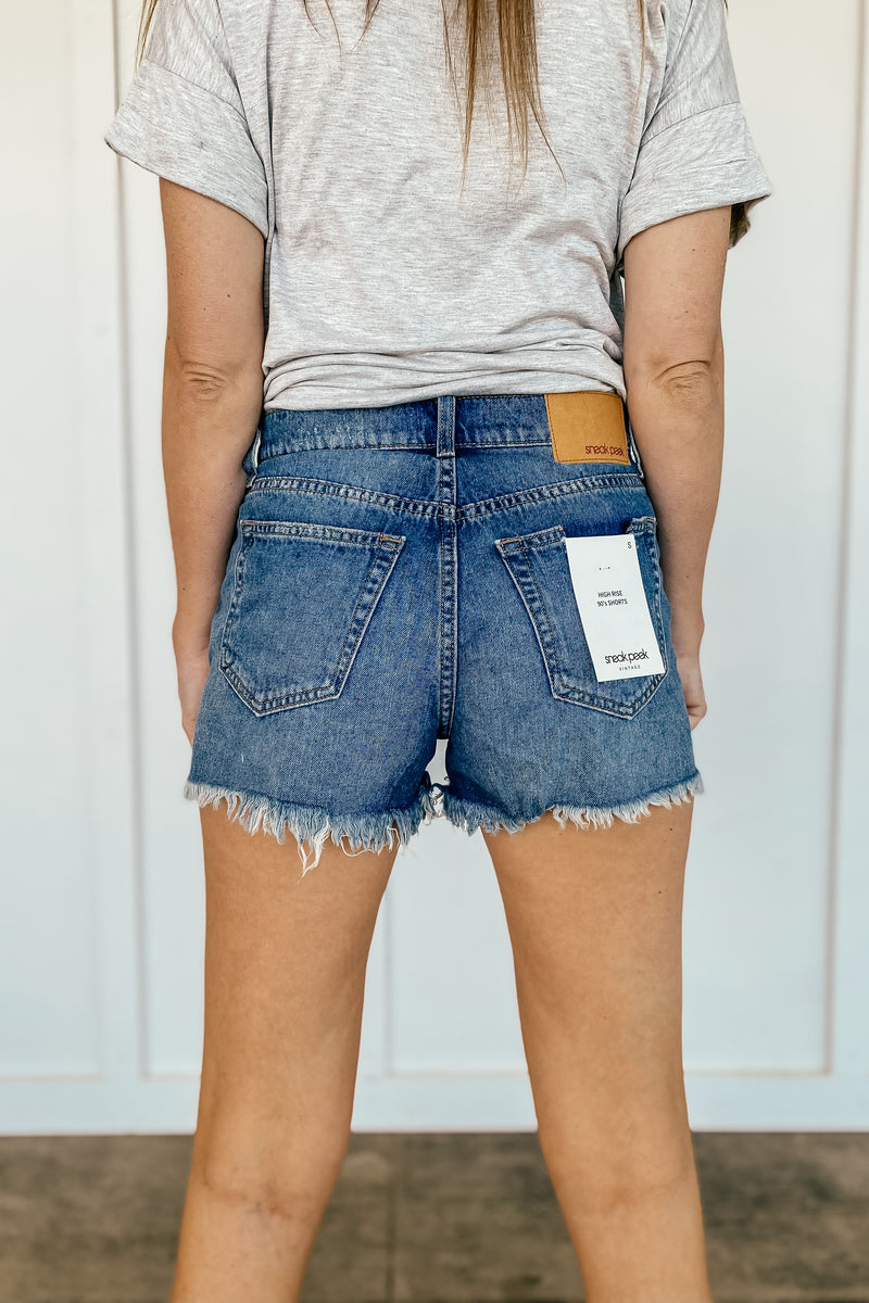 High Rise Shorts With Fray Hem And Distressing