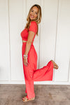 Coral Crop Top and Palazzo Pants Set