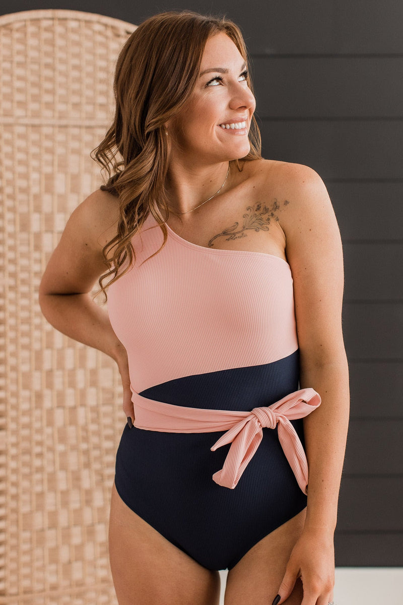 On the Coast One Shoulder Swimsuit- Pink & Navy