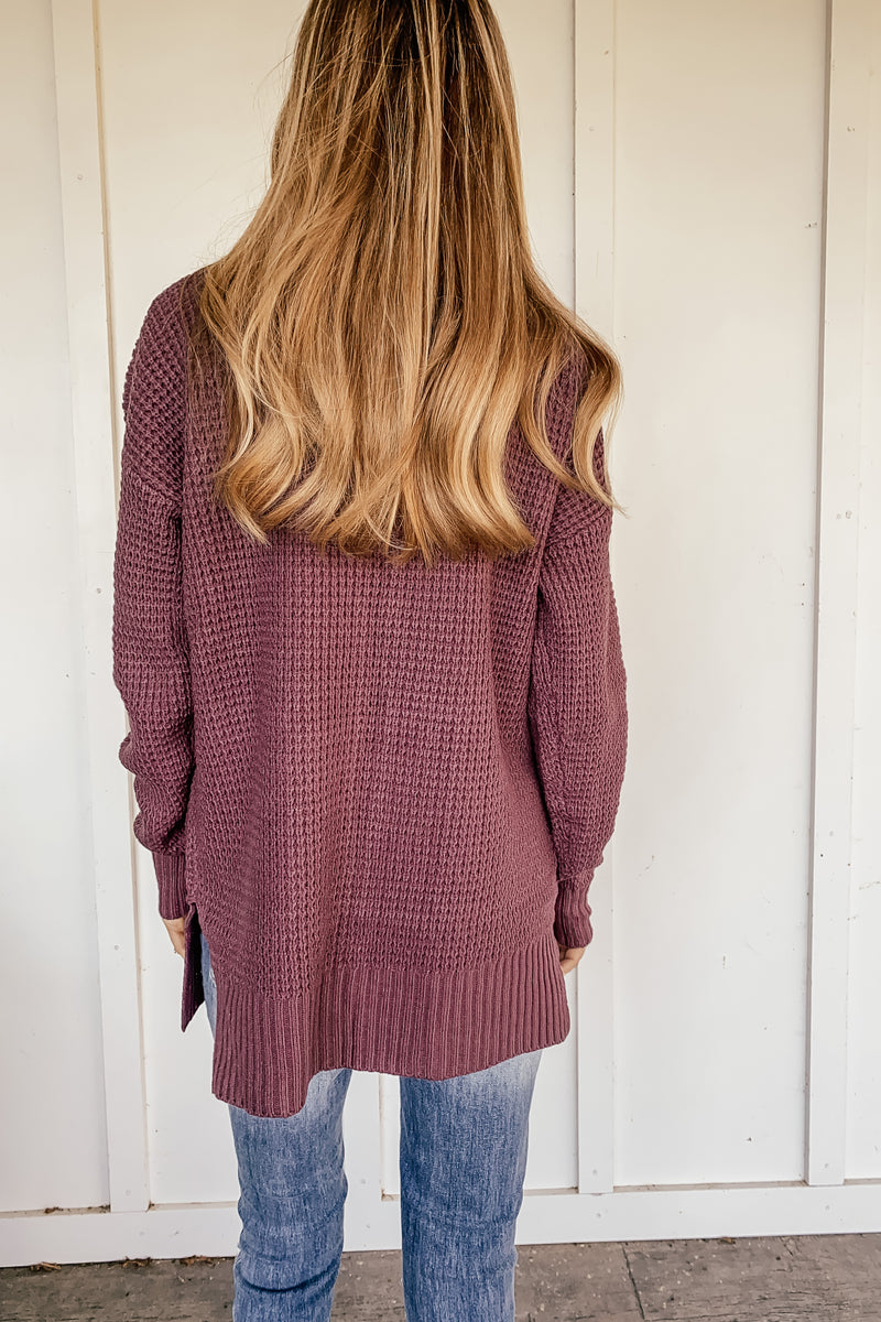 Waffle Knit Open Cardigan in Eggplant