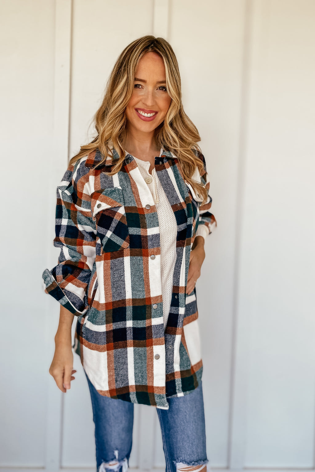 Marshall Green and Camel Plaid Shacket