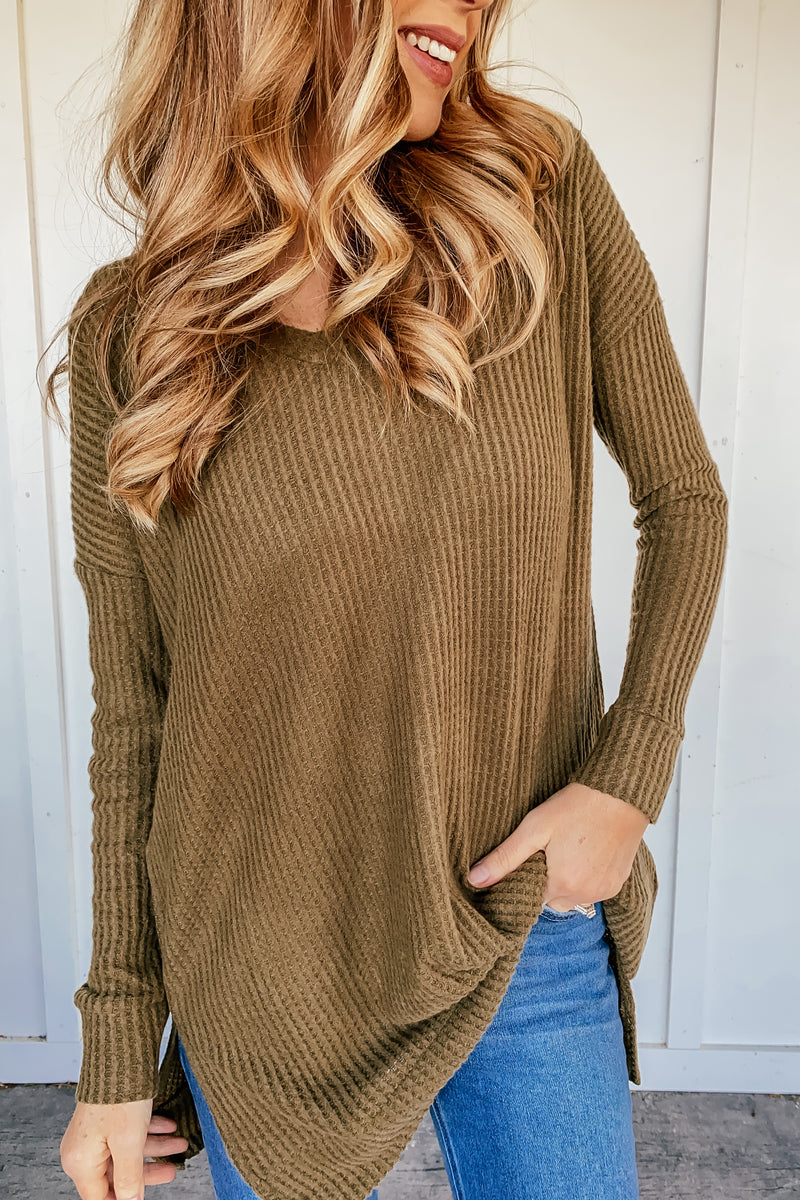 Thermal Waffle Knit V-Neck Tunic in Dusty Olive
