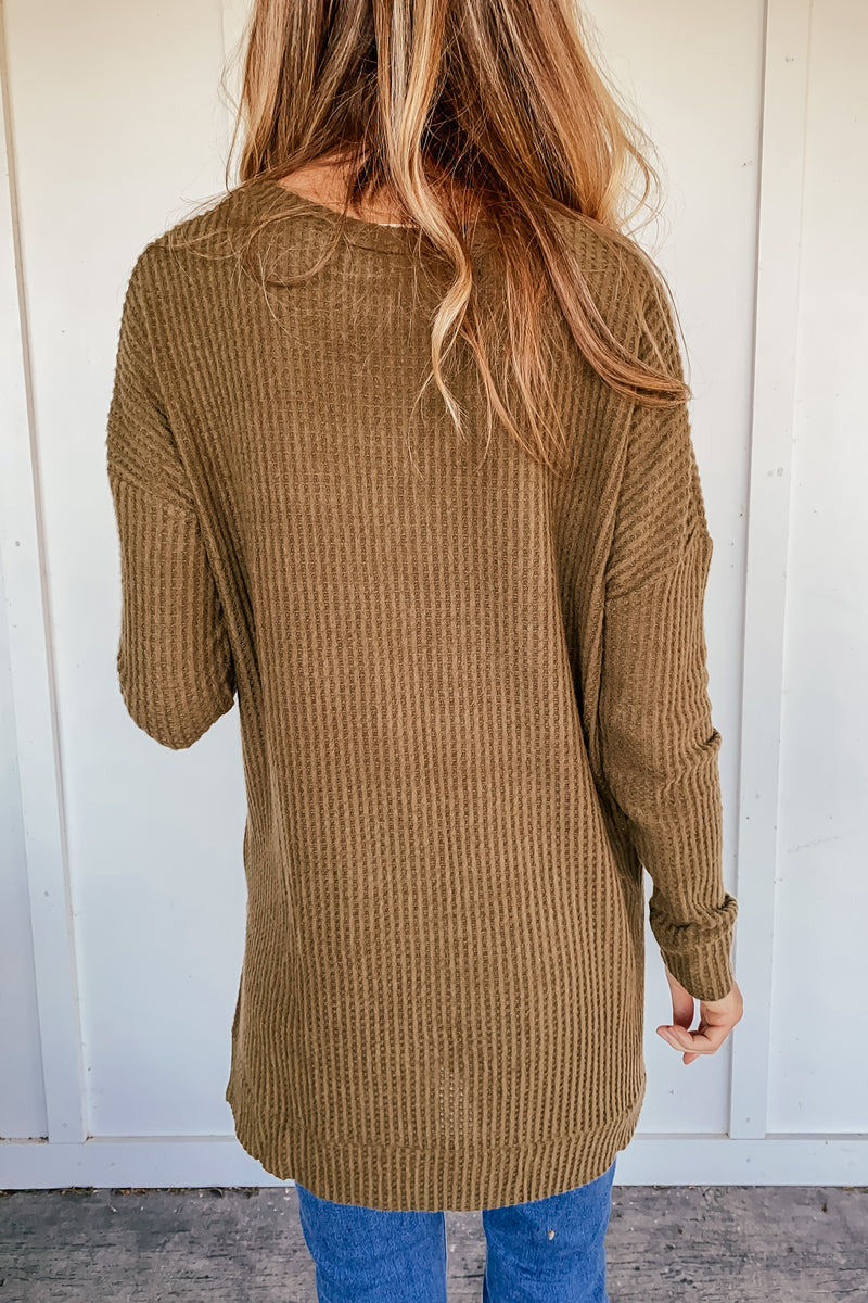 Thermal Waffle Knit V-Neck Tunic in Dusty Olive