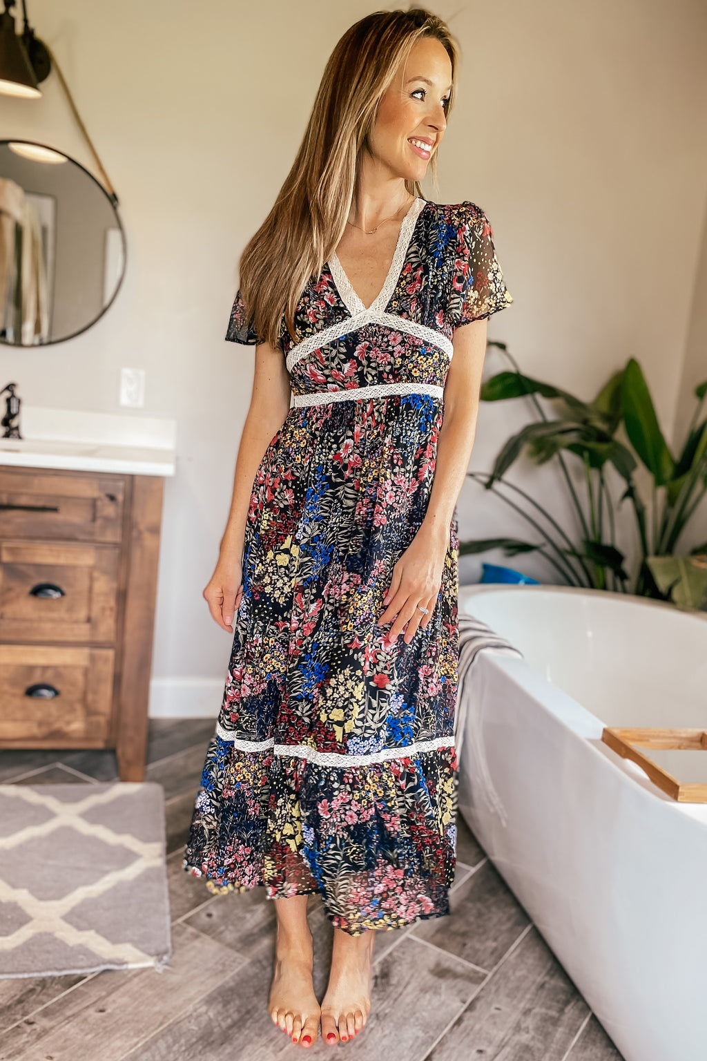 black floral chiffon midi dress Warehouse Women's Petite Burnout Floral Chiffon Slash Neck Bias Midi Dress in Black