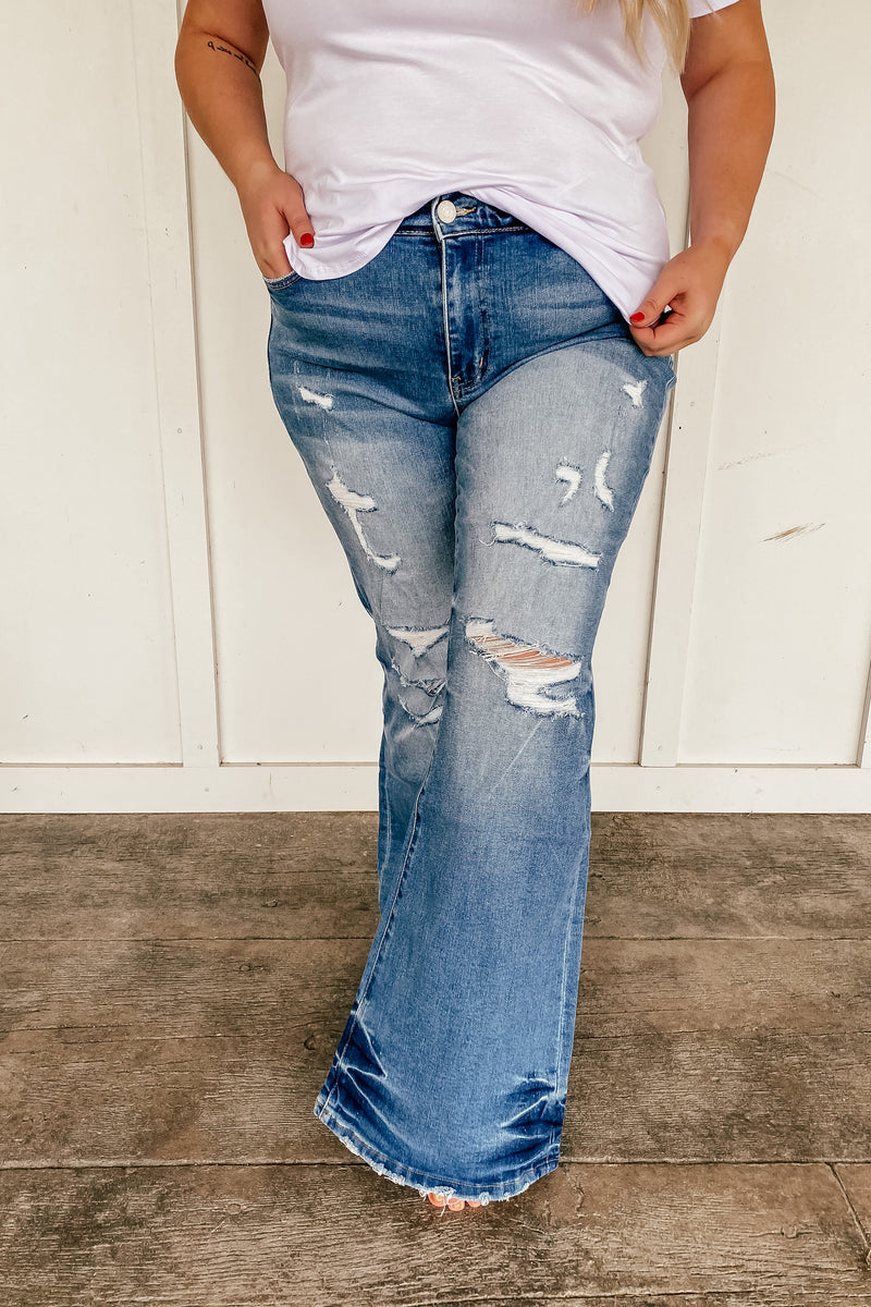 Mid Rise Distressed VERVET Flares - PLUS