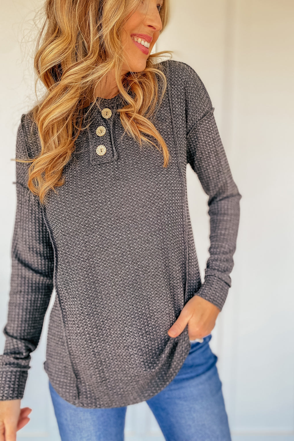 The Jaden Waffle Knit Henley in Charcoal