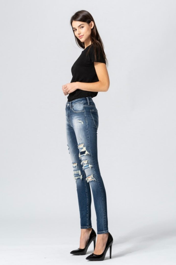 Escape - Mid Rise Distressed Skinny with Contrast Patch Jeans