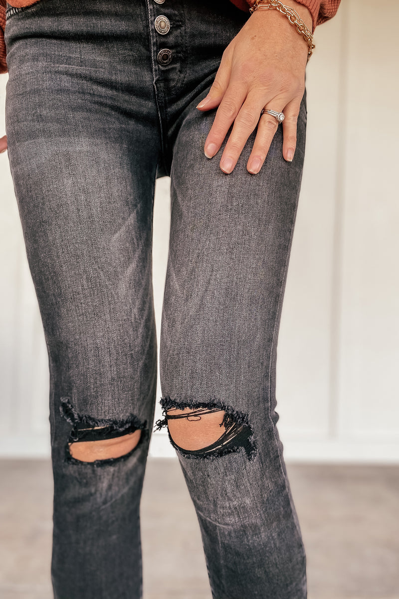 Haylie Black Distressed Button Fly Skinny Jeans
